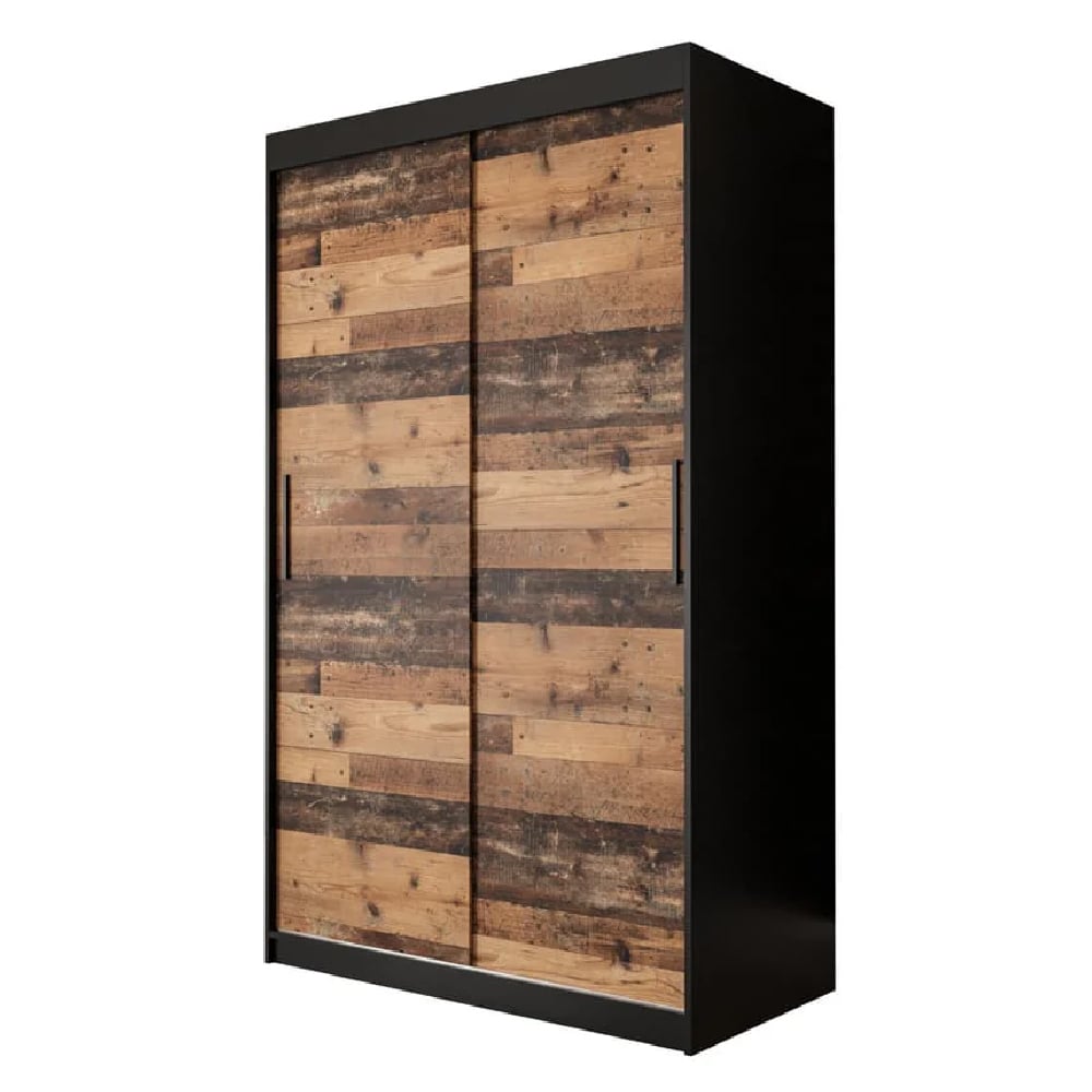 CHOICEWARDROBE 120cm sliding wardrobe with dark oak effect wood plank doors and black frame.