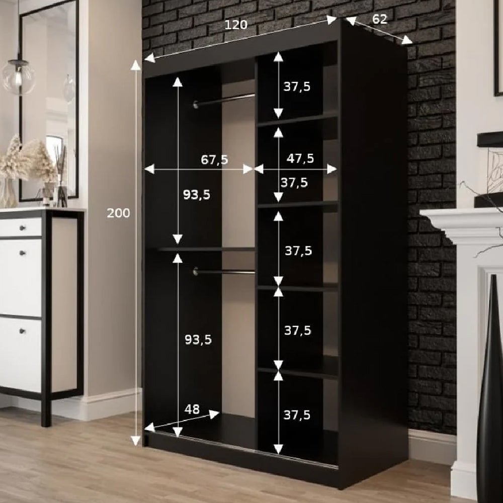CHOICEWARDROBE Topeka 120cm dark oak & black sliding wardrobe with dimensions.