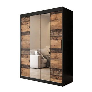 The CHOICEWARDROBE Topeka 2 Door Sliding Mirrored Wardrobe (150 cm, Rustic Oak & Black Finish) features an industrial-modern design with a hanging rail and shelves, reflecting room elements against a white background.