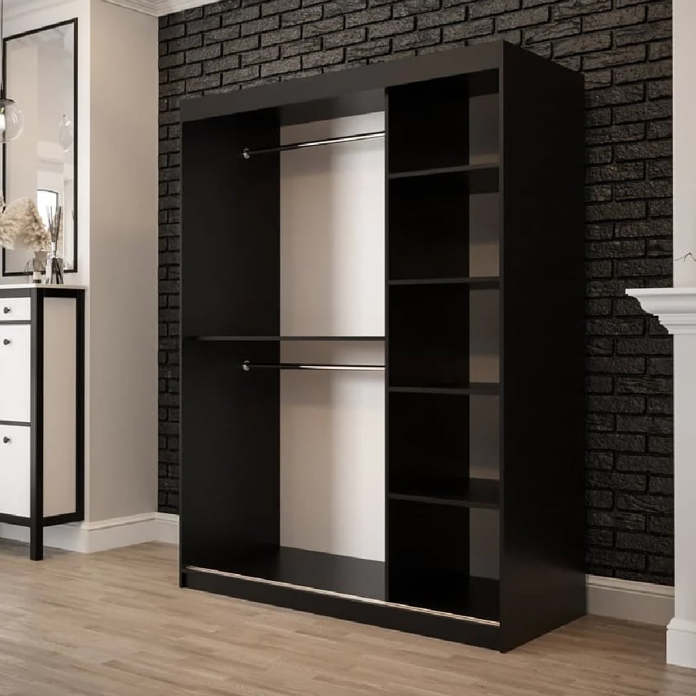 CHOICEWARDROBE Topeka 2 door sliding wardrobe in rustic oak & black, with hanging rail and shelves.