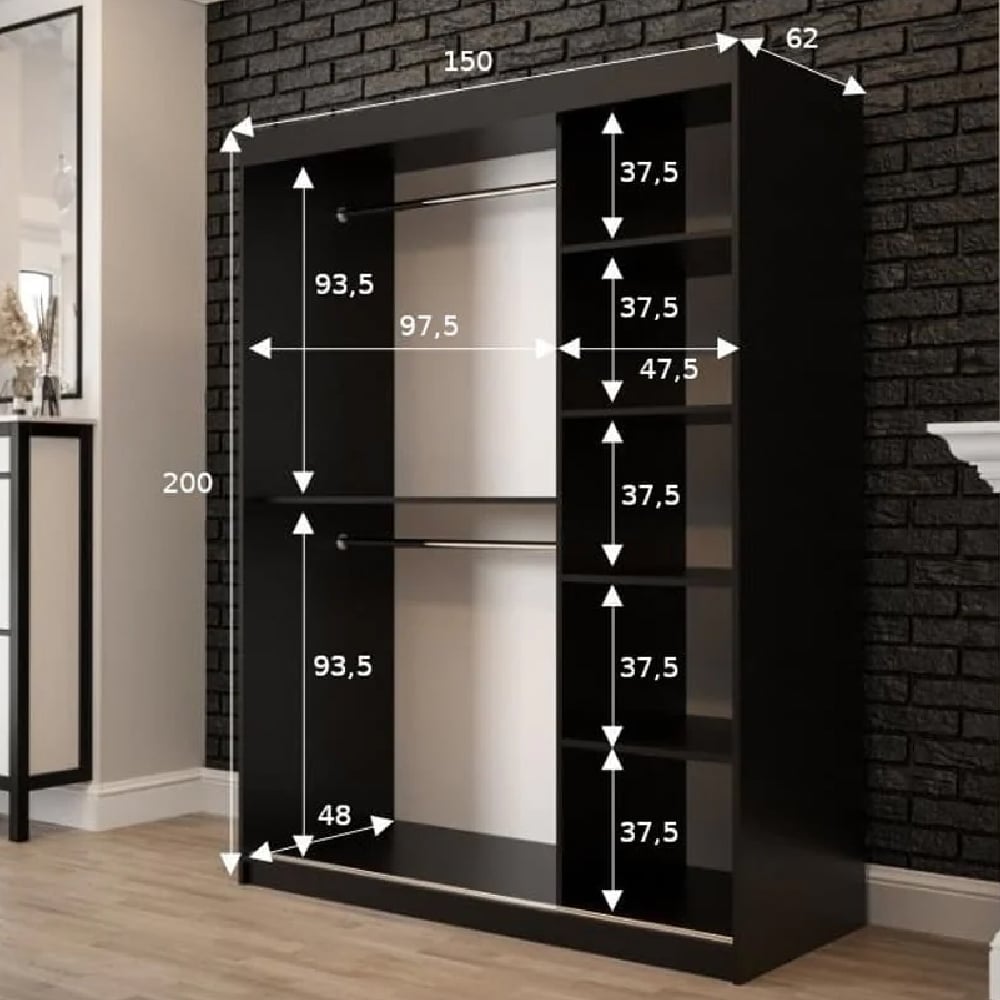 CHOICEWARDROBE Topeka 150cm mirrored sliding door wardrobe in rustic oak & black.