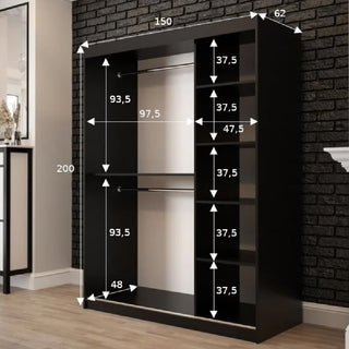 The CHOICEWARDROBE Topeka 2 Door Sliding Mirrored Wardrobe in 150 cm Rustic Oak & Black stands against a brick wall, showcasing its industrial-modern design with hanging rail, shelves, and labeled height, width, and depth in centimeters.