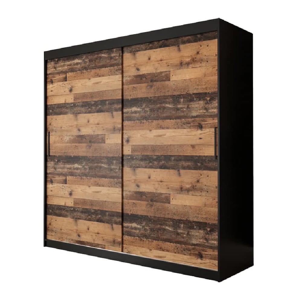 CHOICEWARDROBE Topeka 200cm 2-door sliding wardrobe in industrial dark oak and black finish.