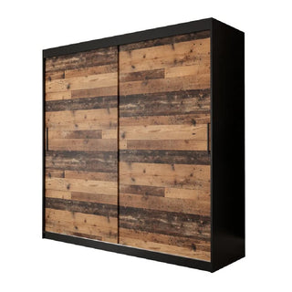 The CHOICEWARDROBE Topeka 2 Door Sliding Wardrobe (200 cm) features a dark oak and black industrial design with shelves and hanging rails, ideal for modern bedrooms. Photographed against a white background.