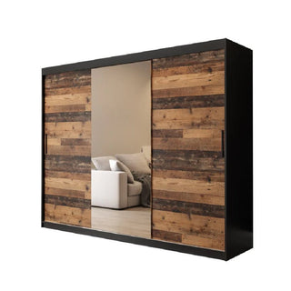 The CHOICEWARDROBE Topeka 3 Door Mirrored Sliding Wardrobe (250cm) in rustic oak & black finish features an industrial style, full-length mirror, hanging rails, and shelving storage—ideal for modern, neutral rooms.