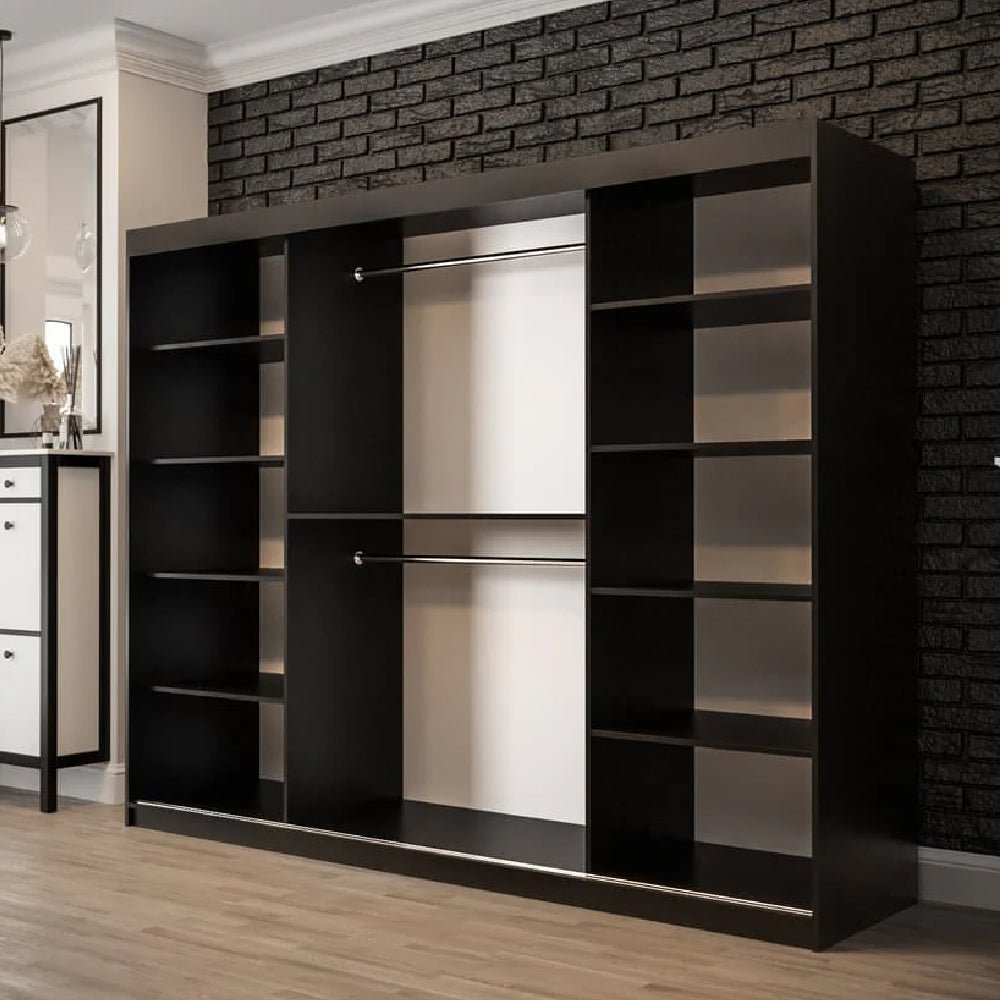 CHOICEWARDROBE Topeka 250cm sliding wardrobe in black and Rustic Oak with mirrored door and visible shelving.