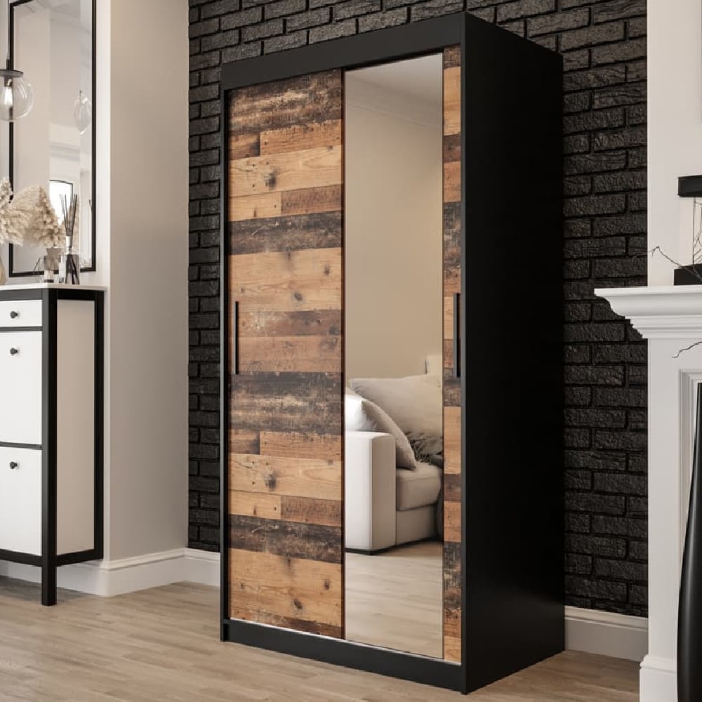 CHOICEWARDROBE Topeka 100cm dark oak 2 door sliding mirrored wardrobe