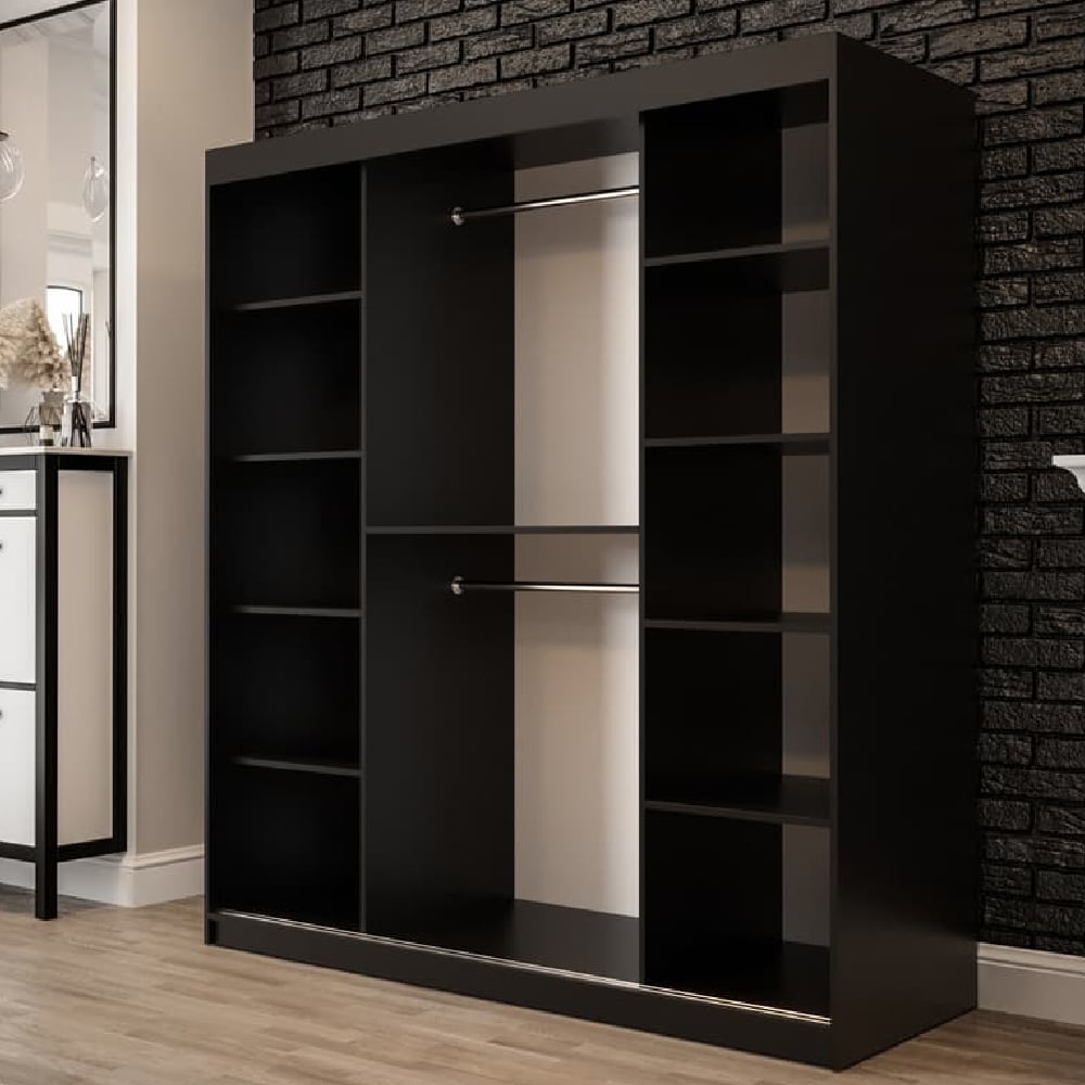 Black sliding door wardrobe with internal shelves and hanging rail