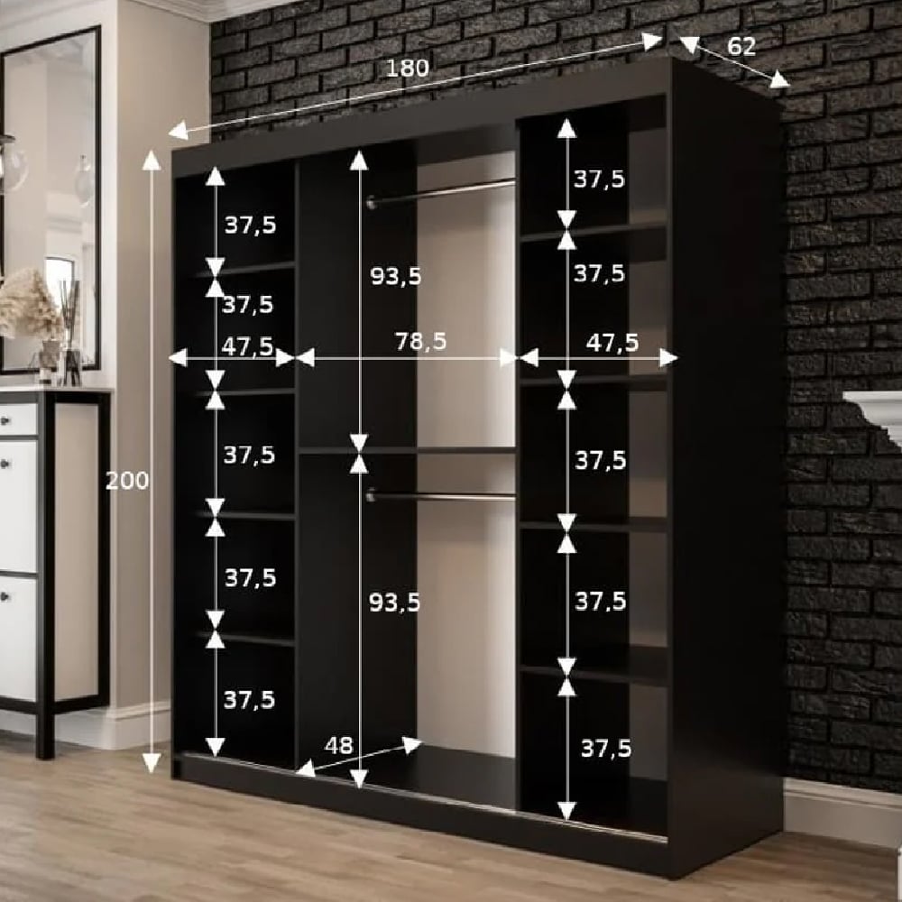CHOICEWARDROBE TOPEKA 180cm black sliding door wardrobe with dimensions
