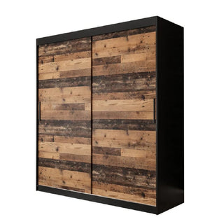 The CHOICEWARDROBE Topeka 180cm sliding wardrobe boasts an industrial design with rustic oak and black finish, smooth-glide doors, full hanging rail, shelves, and modern storage for your bedroom.