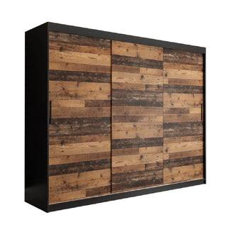 The CHOICEWARDROBE Topeka Wooden Wardrobe features three sliding doors, a 250cm width, and an industrial loft style in rustic oak and black finish, with ample shelving and dual hanging rails.