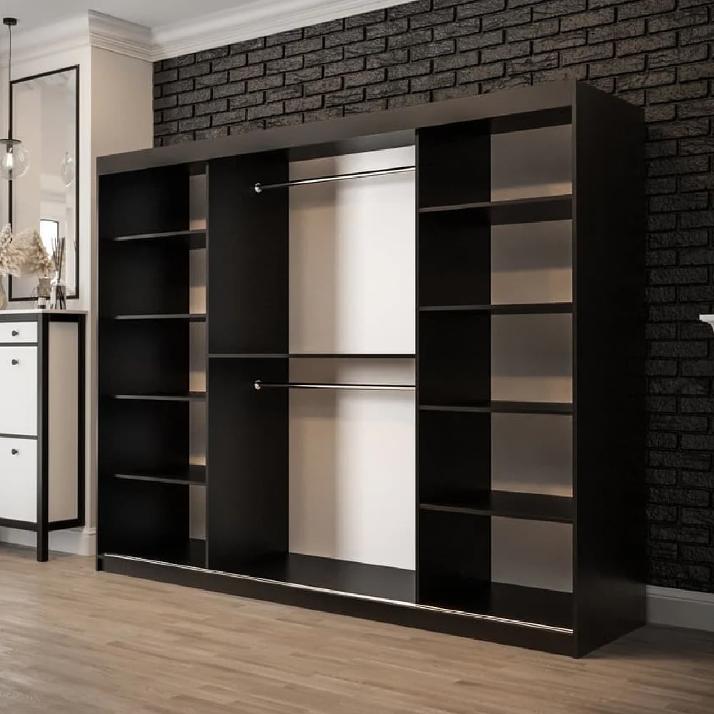 CHOICEWARDROBE Topeka 250cm wide sliding door wardrobe in rustic oak and black with shelving and hanging rails.