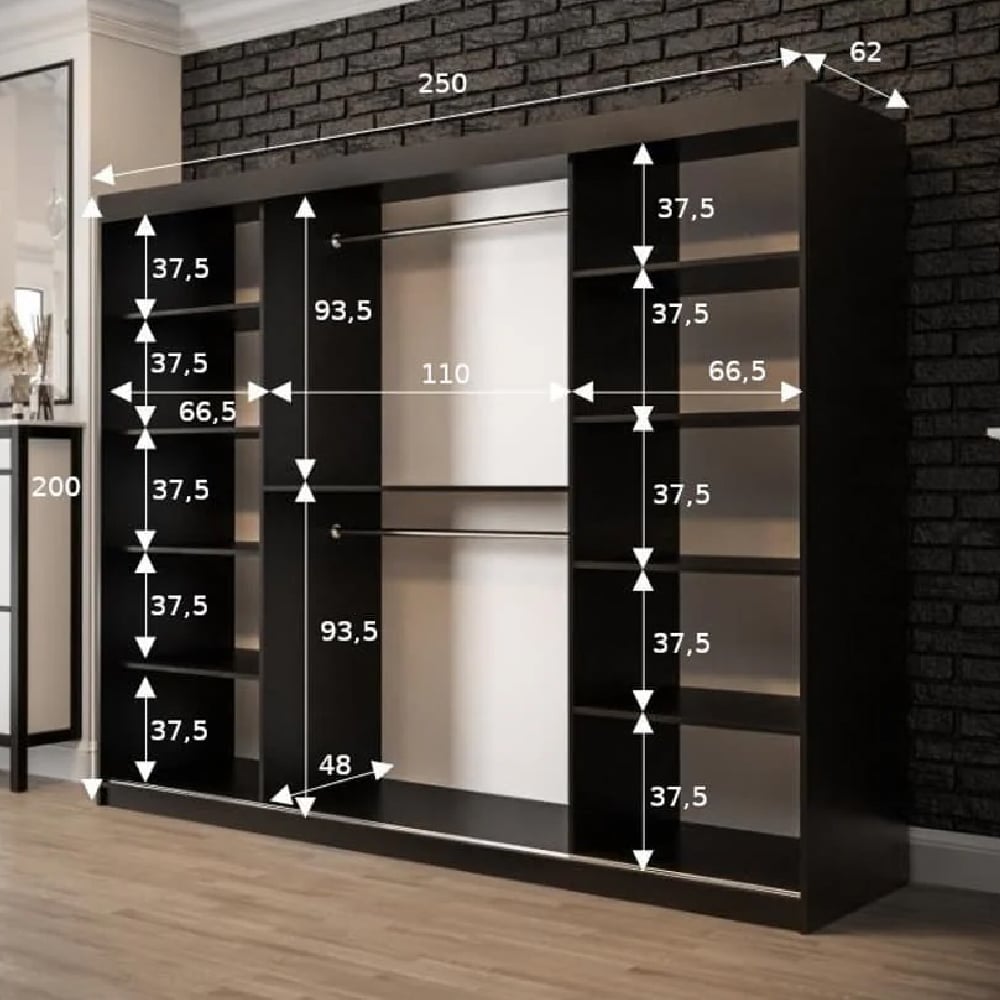 Black 250cm wide sliding door wardrobe with internal shelving and hanging rails.