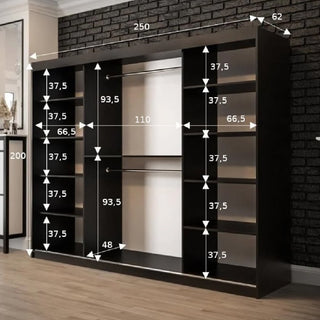 The CHOICEWARDROBE Topeka Wooden Wardrobe features 3 sliding doors, ample shelves, and dual hanging rails in a rustic oak and black finish, 250cm wide. Industrial loft style; measurements for height, width & shelving are labeled in centimeters.