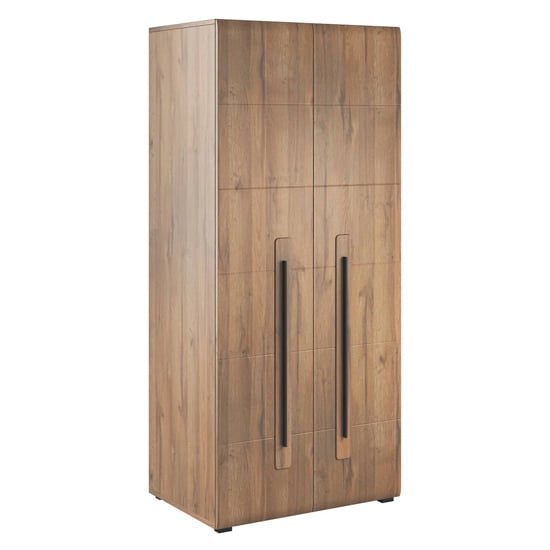 Two-door wardrobe in Grandson Oak finish with tall modern handles.