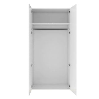 The CHOICEWARDROBE Trail 90cm White High Gloss 2 Door Wardrobe features modern hinged doors with tall handles, a single top shelf, and a horizontal hanging rod—ideal storage for contemporary bedrooms.