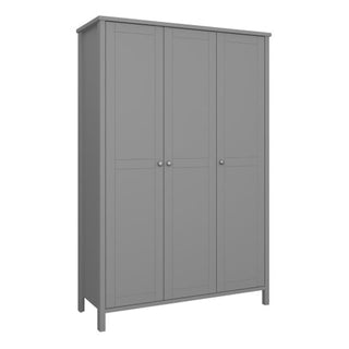 The CHOICEWARDROBE Trams 3 Door Wardrobe features a Shaker-style panelled design and matt grey finish. Standing 195cm tall, it offers hanging rail and shelves—ideal modern bedroom storage with minimalist appeal.