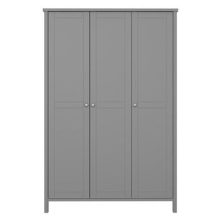 The CHOICEWARDROBE Trams 3 Door Panelled Wooden Wardrobe in matt grey features a Shaker style design, hanging rail, shelves, and stands 195cm tall—ideal modern bedroom storage shown against a plain white background.