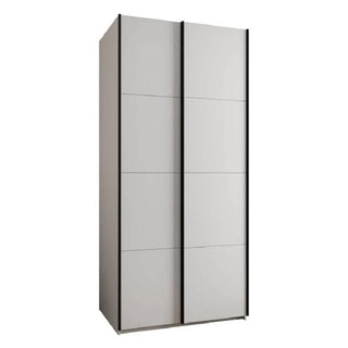 The CHOICEWARDROBE Tressaro 100cm Sliding 2 Door Wardrobe features a compact, contemporary rectangular design in matte white with black trim and slim vertical handles, providing stylish bedroom storage.