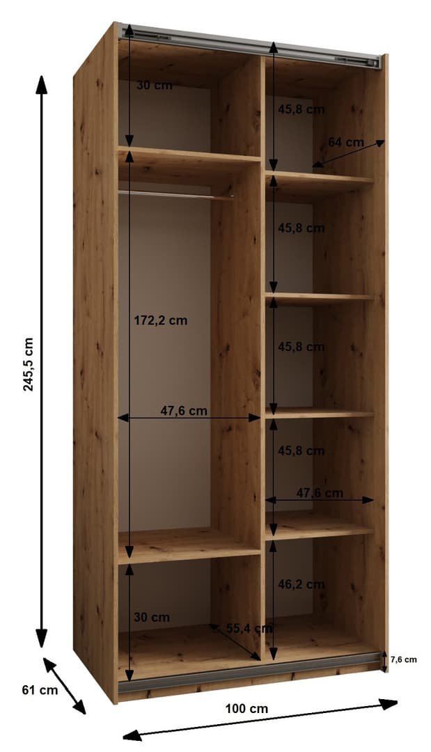 CHOICEWARDROBE Tressaro 100cm sliding wardrobe dimension diagram: 245.5cm H x 100cm W x 61cm D, showing internal shelves and hanging rail.