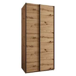 The CHOICEWARDROBE Tressaro Artisan Oak Sliding Wardrobe features two doors, a rustic grain finish with visible knots and patterns, plus black vertical trim—making it an ideal 100cm-wide bedroom storage solution.