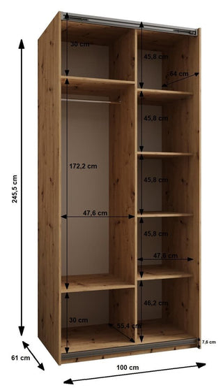 Internal layout of Tressaro Cashmere Sliding Wardrobe showing hanging rail, shelving, and oak-effect interior panels.