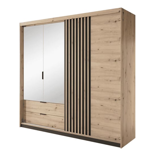 Artisan Oak mirrored sliding wardrobe with two drawers and black handles
