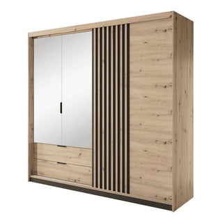 The CHOICEWARDROBE Turin Artisan Oak Sliding Door Wardrobe features a modern 3-door design, mirrored door, LED lighting, and a natural oak finish for stylish storage.
