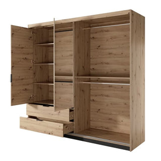 The CHOICEWARDROBE Turin Artisan Oak Sliding Door Wardrobe features three sections with shelves, open drawers, and hanging rods. All doors and drawers are open, showcasing spacious storage with a mirror and LED lighting in a modern design.