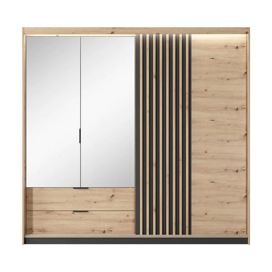 Artisan Oak sliding wardrobe with central mirrored door and two bottom drawers