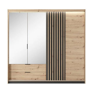 The CHOICEWARDROBE Turin Artisan Oak Sliding Door Wardrobe features three modern doors, mirrored panels, built-in LED lighting, and a stylish light wood finish—perfect for contemporary spaces.