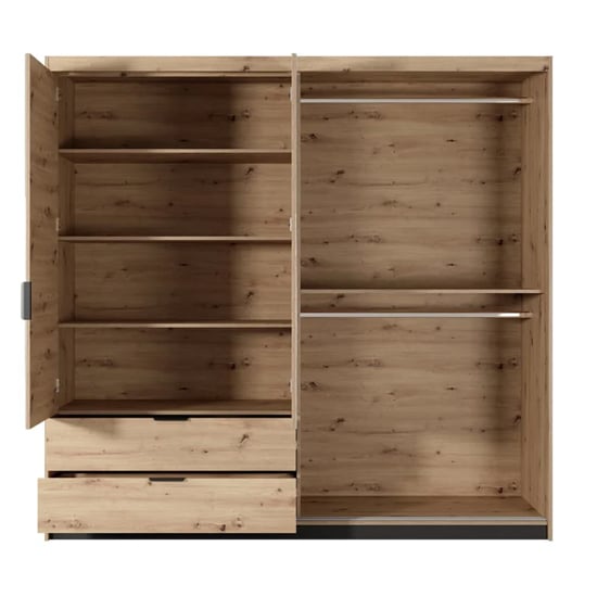 Sliding wardrobe with Artisan Oak finish and visible drawers - open view