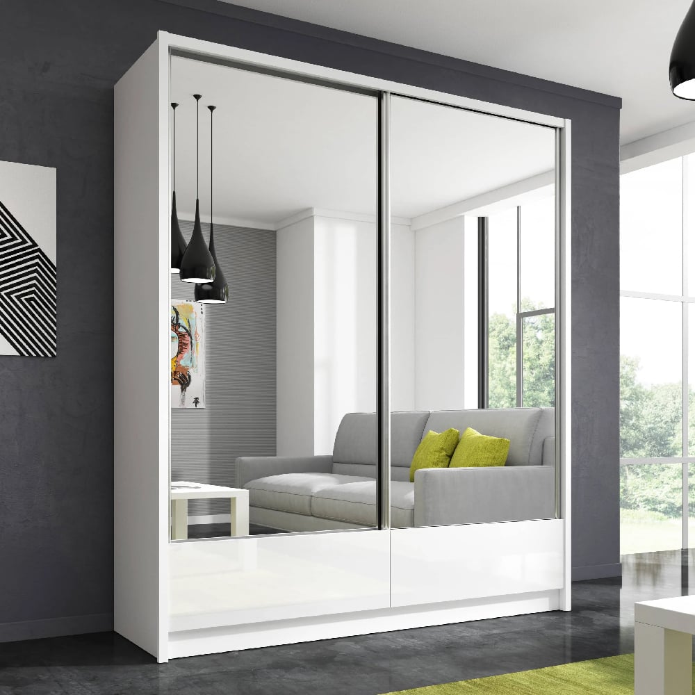CHOICEWARDROBE Valero 184cm high gloss white mirrored sliding door wardrobe
