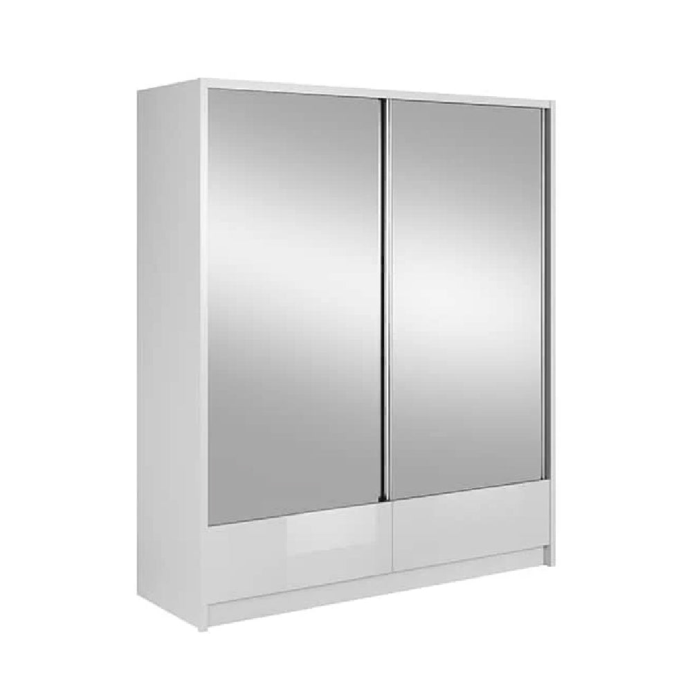 Valero 184cm white high gloss sliding wardrobe with two mirrored doors