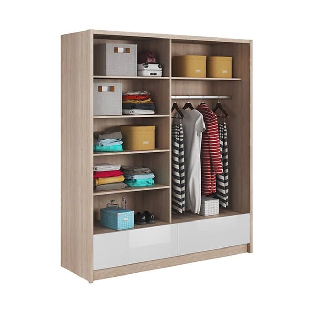 Valero 184cm White High Gloss Sliding Door Wardrobe interior with mirrored panels, shelves, and rail