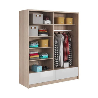 Interior view of Valero 184cm High Gloss White Sliding Door Mirrored Wardrobe showing hanging rail and shelving compartments.