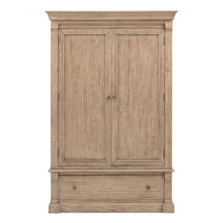 The CHOICEWARDROBE Valletta Wooden Wardrobe has 2 doors and 1 deep drawer with antique handles, a classic panelled design, and a natural oak finish. Size: 140cm.