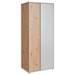 The CHOICEWARDROBE Varna 84cm 2 Door Wooden Wardrobe features a pearl grey right door and an oak-finish left door, standing tall with a modern rectangular design against a white background.