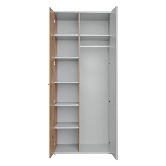 CHOICEWARDROBE Varna 84cm 2-door wardrobe, pearl grey with oak detailing, open showing shelves and hanging rail.