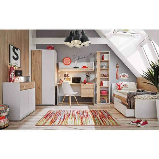 CHOICEWARDROBE Varna 84cm 2-door wardrobe in pearl grey and oak finish in a modern bedroom.