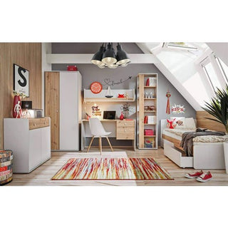 A modern bedroom with a single bed, desk, chair, shelves, dresser, and the CHOICEWARDROBE Varna 84cm 2 Door Wooden Wardrobe in Pearl Grey & Oak. Features wooden and white furniture, a colorful striped rug, and large skylight windows letting in natural light.
