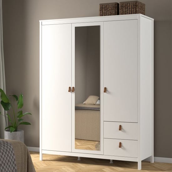 CHOICEWARDROBE Verona 3 door white mirrored wardrobe with tan leather handles and 2 drawers.