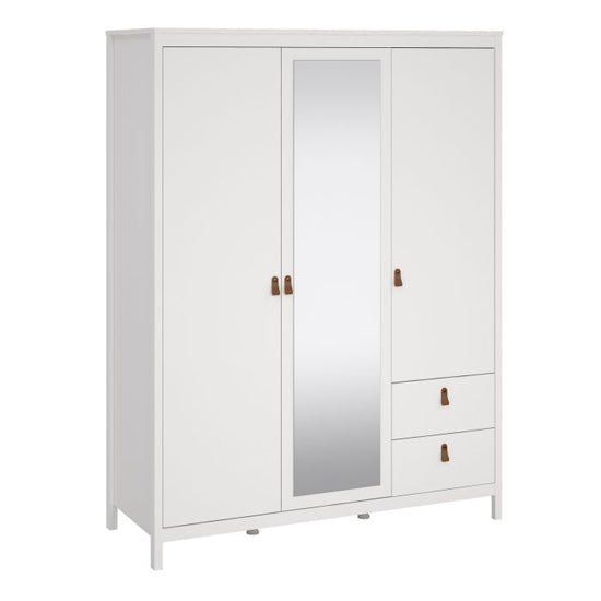 White 3 door wardrobe with mirrored door, tan leather handles and two drawers.