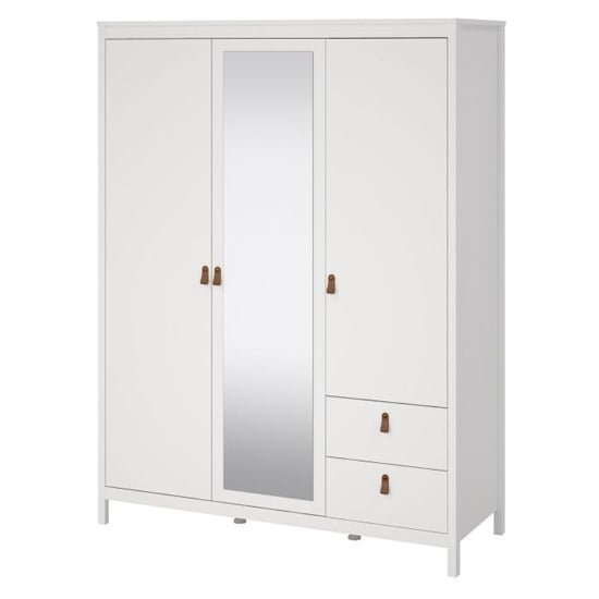 CHOICEWARDROBE 3-door white wardrobe with mirrored door and 2 drawers, tan leather handles.