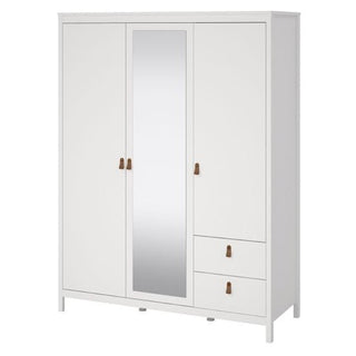 The CHOICEWARDROBE Verona 3 Door Mirrored Wardrobe in white features tan leather handles, a central full-length mirror, and two right-hand drawers for excellent bedroom storage.