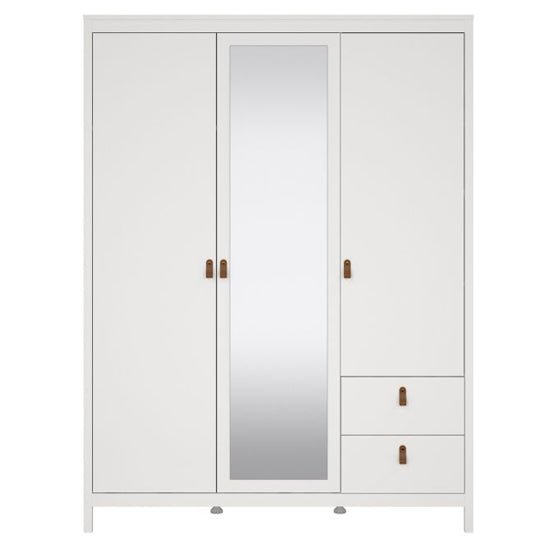 CHOICEWARDROBE 3 door mirrored wardrobe in white with two drawers and tan leather handles.