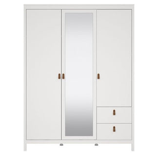 The CHOICEWARDROBE Verona 3 Door Mirrored Wardrobe features a white finish, tan leather handles, a central full-length mirror, and two drawers—offering practical bedroom storage in a simple, modern design.