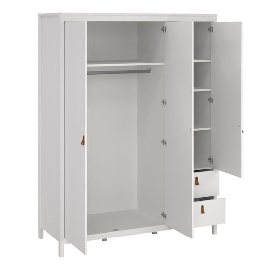 CHOICEWARDROBE Verona 3-door white wardrobe with mirror, 2 drawers, hanging rail, and tan leather handles.