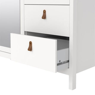 A close-up of the CHOICEWARDROBE Verona 3 Door Mirrored Wardrobe in white with two drawers featuring tan leather handles, offering elegant bedroom storage.