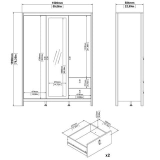 Technical illustration of the CHOICEWARDROBE Verona 3 Door Mirrored Wardrobe in white with tan leather handles, featuring dimensions in mm/in, front/side/interior views, and layout details: 2 drawers, shelves, doors, and mirrored options.